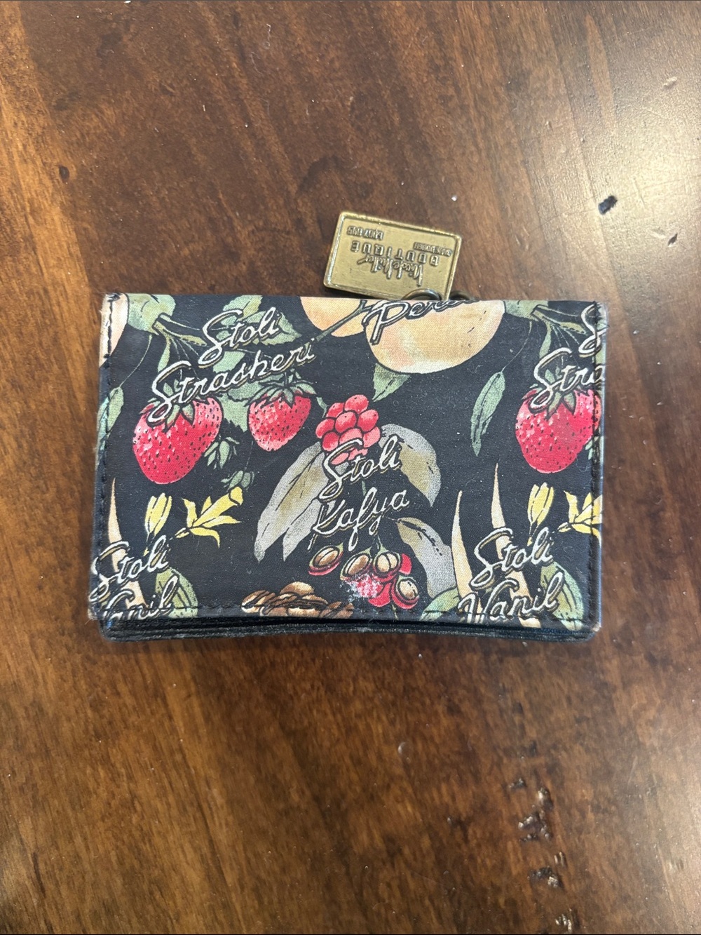 Nicole Miller Stoli Printed Canvas Card Wallet - Black Floral Fruit Print